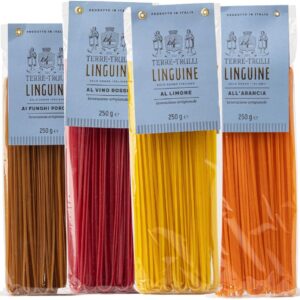 Terre dei Trulli – Linguine Aromatisées Assorties (4 x 250 g) Pâtes artisanales 100% italiennes | Saveurs : Citron, Orange, Cèpes, Vin Rouge Offerte italiane da Amazon linguine aromatisées Terre dei Trulli – Linguine Aromatisées Assorties (4 x 250 g) Pâtes artisanales 100% italiennes | Saveurs : Citron, Orange, Cèpes, Vin Rouge