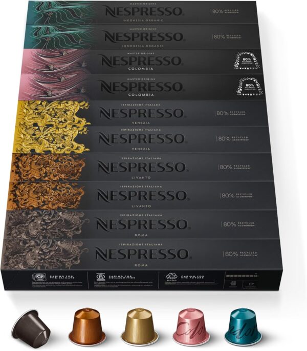 Assortiment intensité moyenne Nespresso Torréfaction Équilibrée – 100 capsules café : couleur café, que j'aime ta couleur café assortiment intensité 6 à 8 Assortiment intensité moyenne Nespresso Torréfaction Équilibrée – 100 capsules