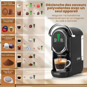 CAPXSNOB Magician1 Mini – Machine à Café 5‑en‑1, 20 Bars, 1450W, Compatible Capsules