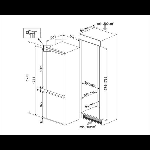 Réfrigérateur Combiné Encastrable Smeg C3170NE 262L Niche 178cm | Esprit Mezzogiorno